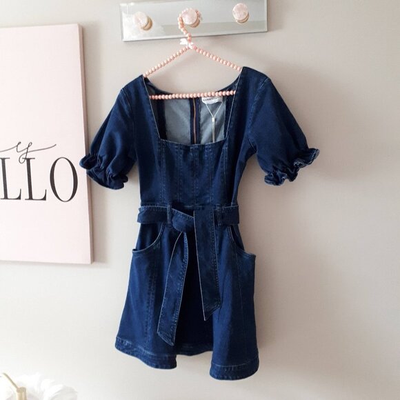 NWT Finders Keepers dark blue wash denim puff sleeve belted mini dress - Picture 11 of 12